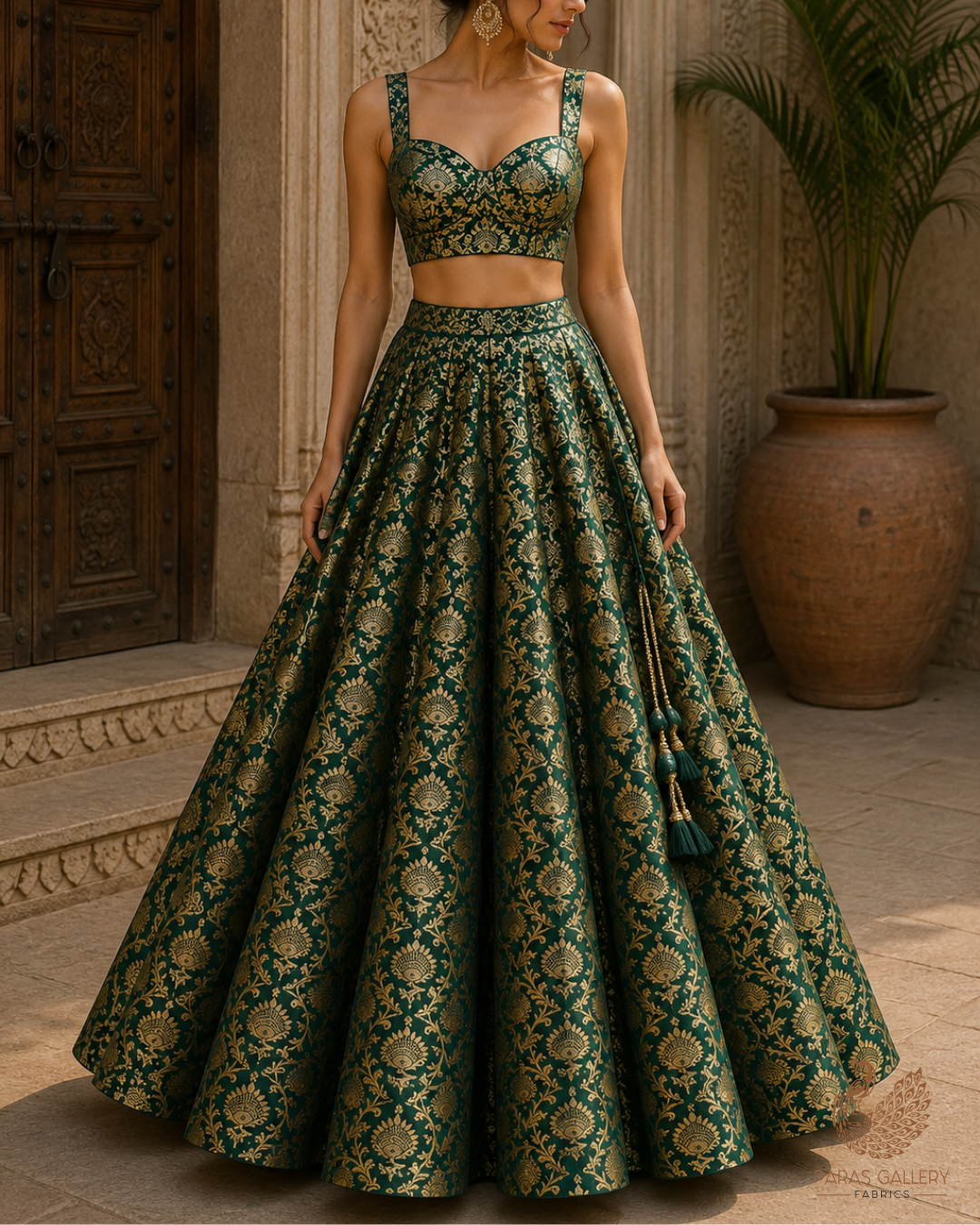 Bottle Green Banarasi Brocade Fabric With All Over Golden Zari Handloom 23276