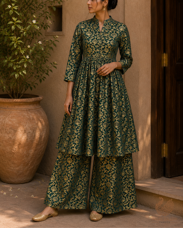Bottle Green Banarasi Brocade Fabric With All Over Golden Zari Handloom 23276