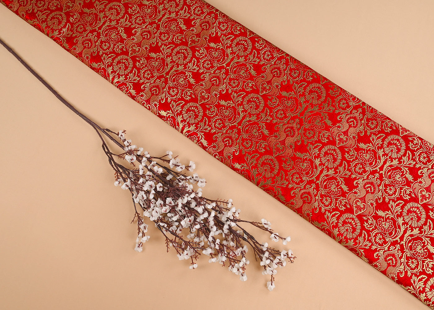 Red Banarasi Brocade Fabric With All Over Golden Zari Handloom 23278