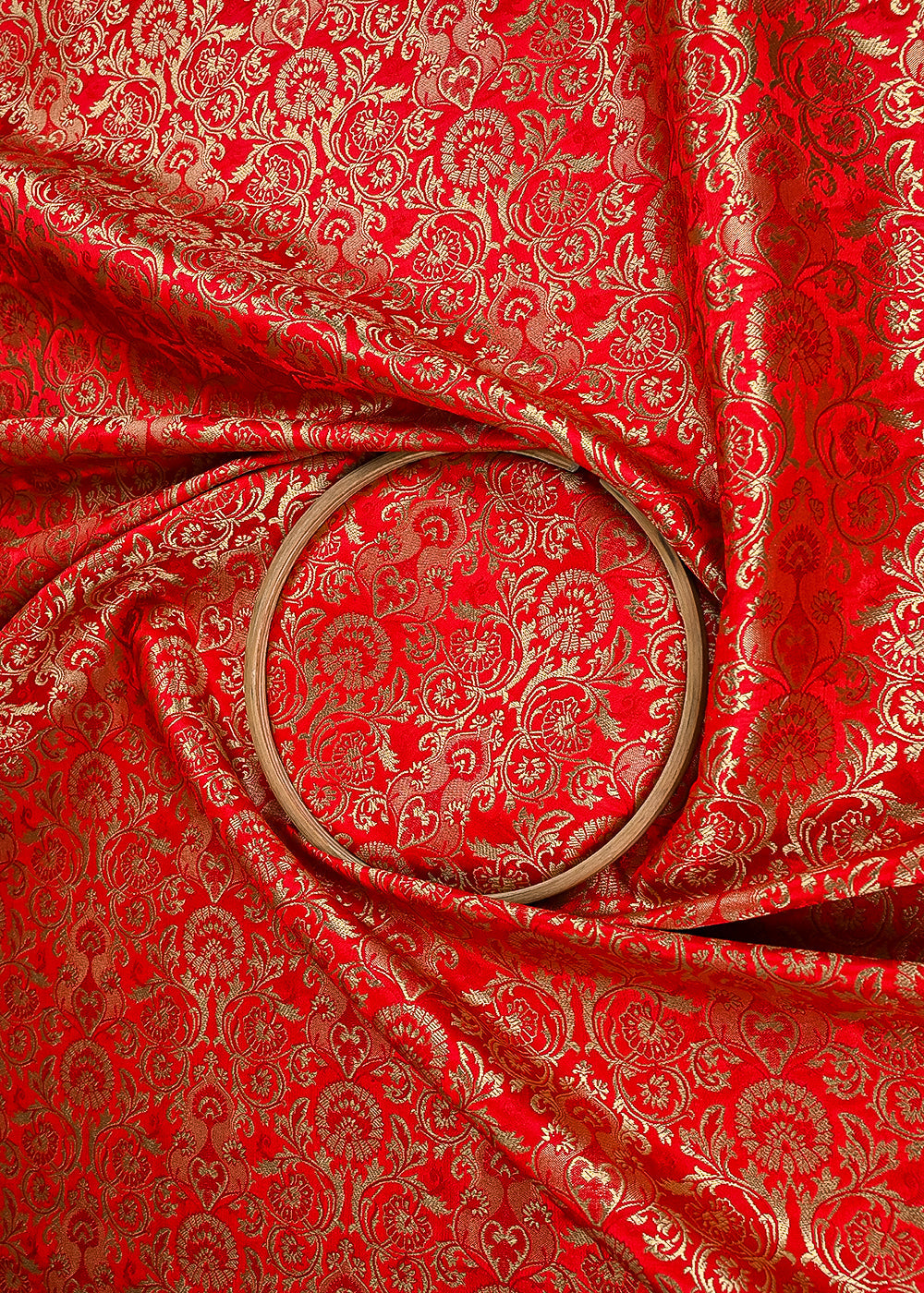 Red Banarasi Brocade Fabric With All Over Golden Zari Handloom 23278