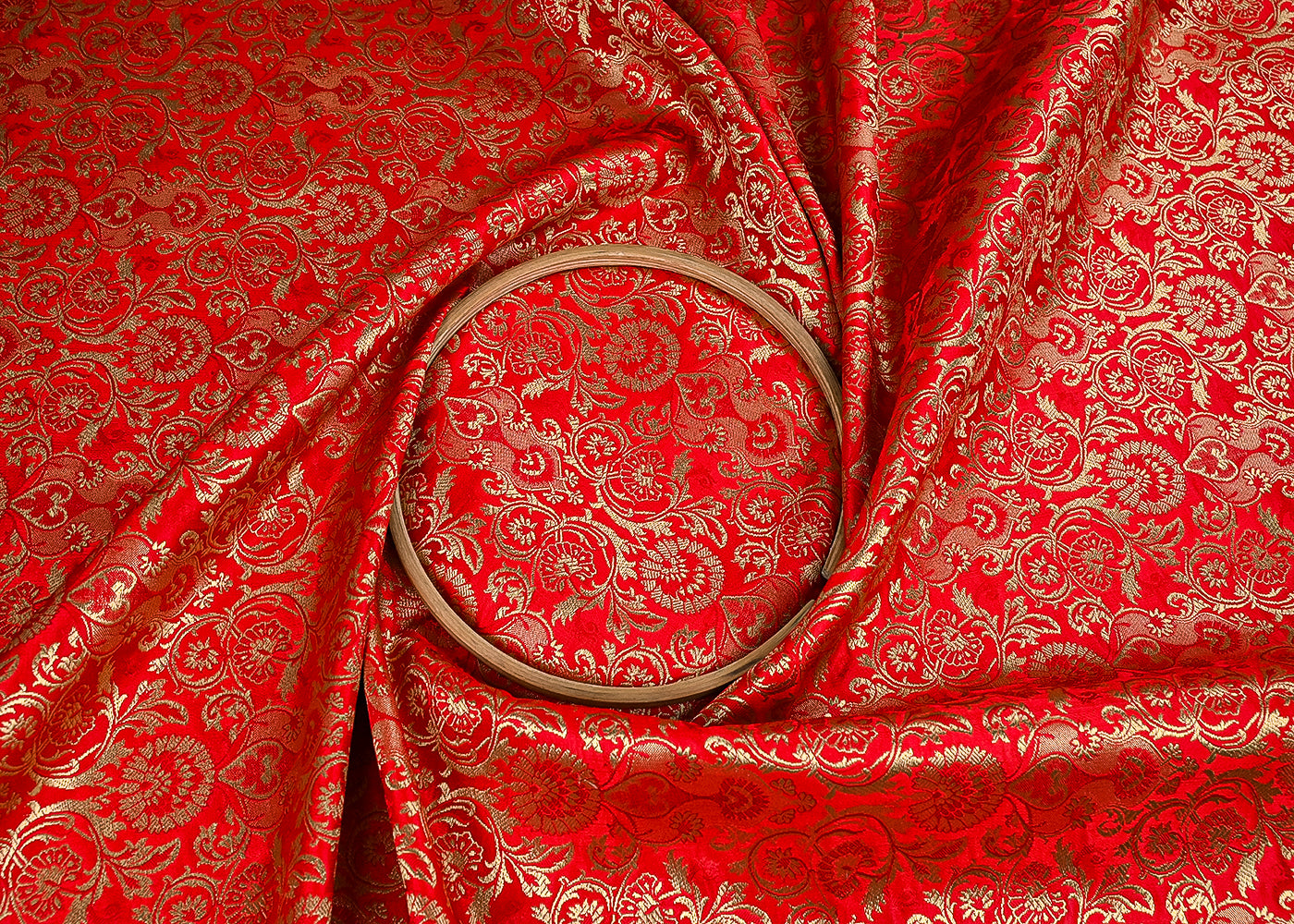 Red Banarasi Brocade Fabric With All Over Golden Zari Handloom 23278