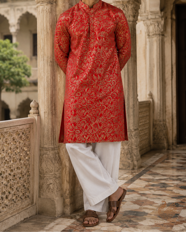 Red Banarasi Brocade Fabric With All Over Golden Zari Handloom 23278