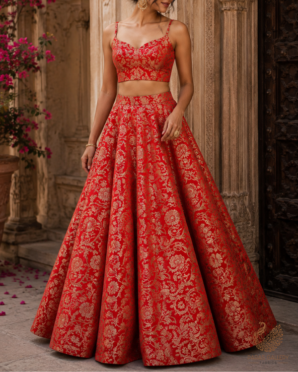 Red Banarasi Brocade Fabric With All Over Golden Zari Handloom 23278