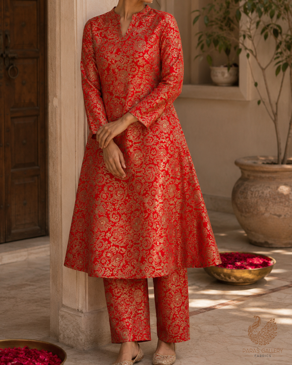 Red Banarasi Brocade Fabric With All Over Golden Zari Handloom 23278