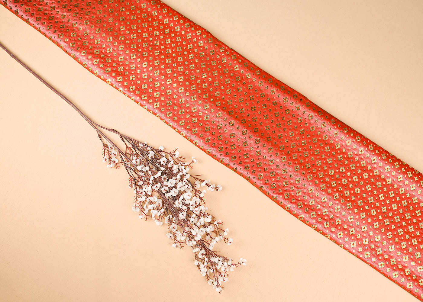 Orange Banarasi Brocade Fabric With All Over Golden Zari Handloom 23279