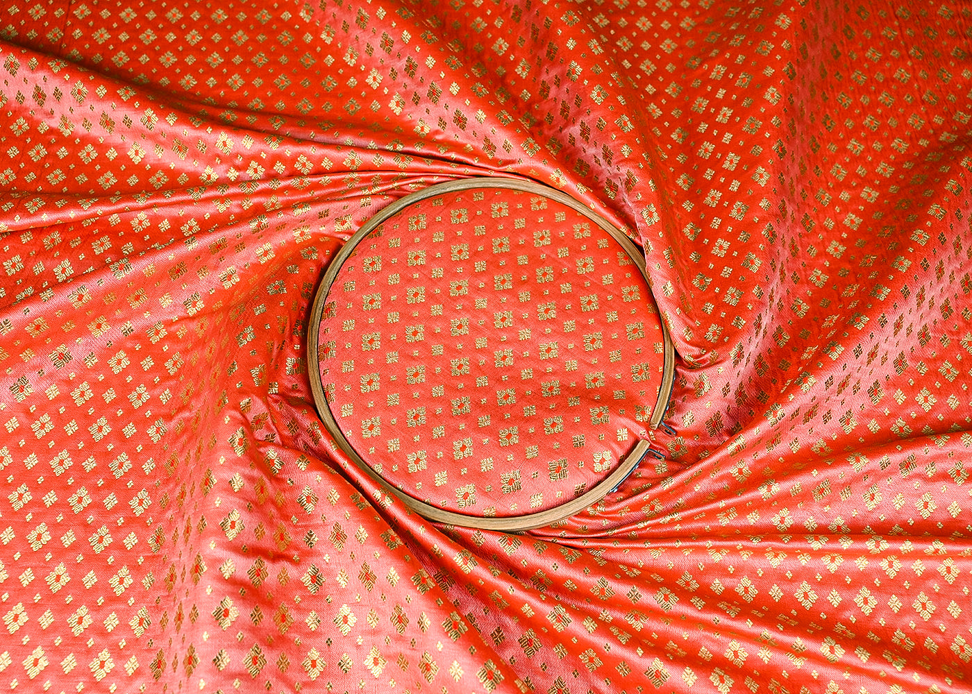 Orange Banarasi Brocade Fabric With All Over Golden Zari Handloom 23279