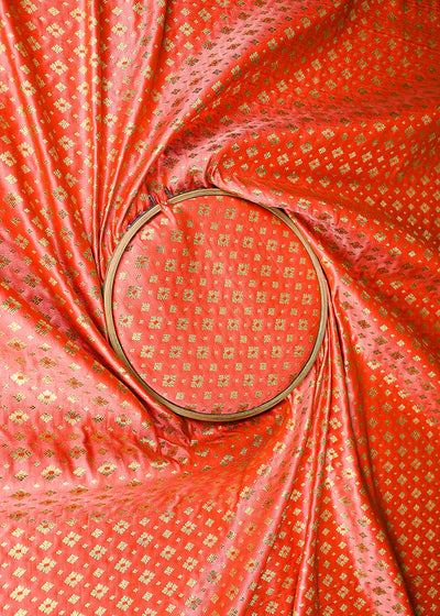 Orange Banarasi Brocade Fabric With All Over Golden Zari Handloom 23279