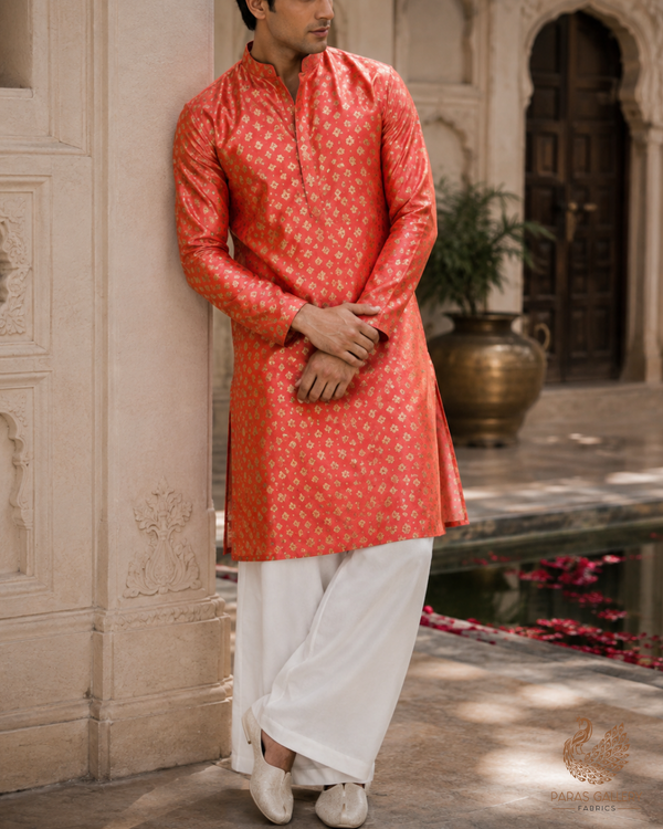 Orange Banarasi Brocade Fabric With All Over Golden Zari Handloom 23279