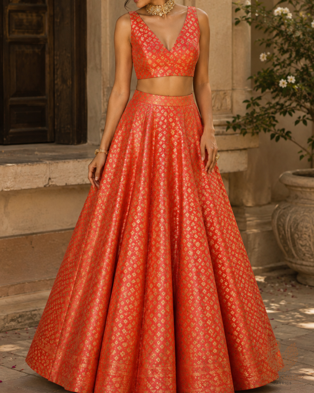 Orange Banarasi Brocade Fabric With All Over Golden Zari Handloom 23279
