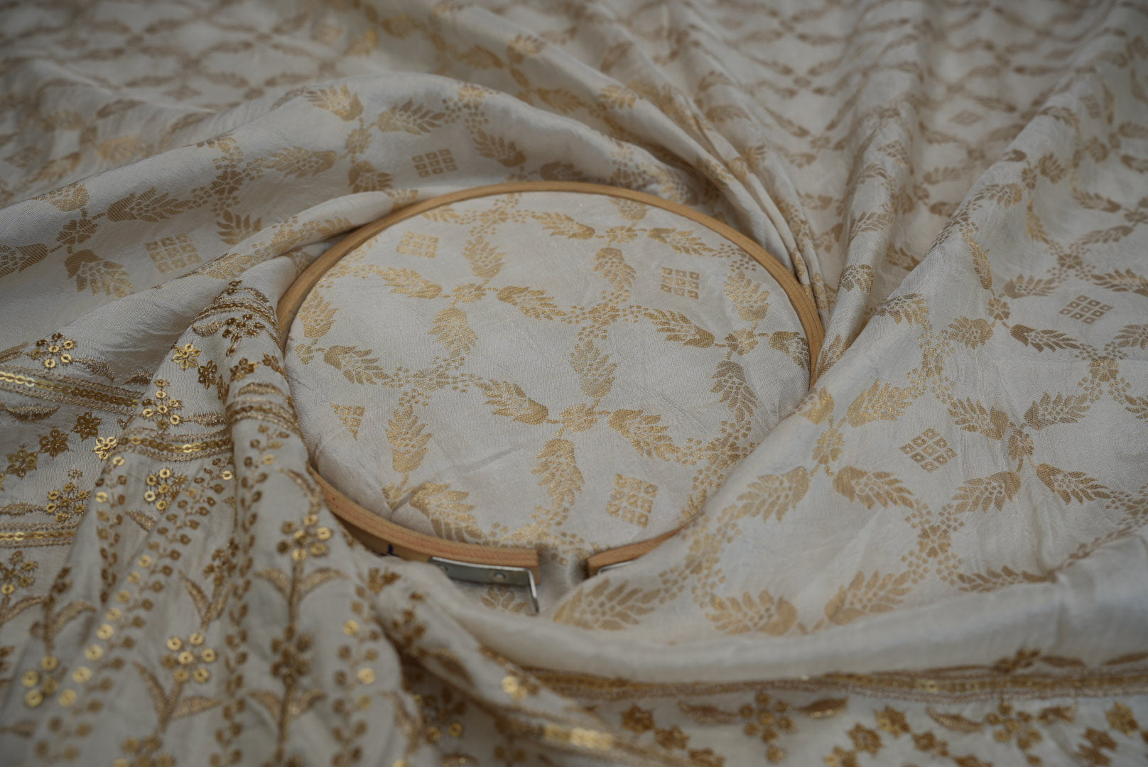 Golden Silk Dupion with Zari & Sequins Floral Elegance