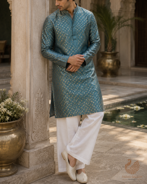 Sea Green Banarasi Brocade Fabric With All Over Golden Zari Handloom 23280