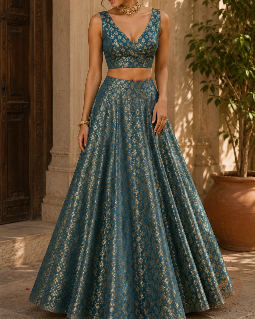 Sea Green Banarasi Brocade Fabric With All Over Golden Zari Handloom 23280
