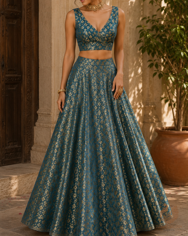 Sea Green Banarasi Brocade Fabric With All Over Golden Zari Handloom 23280