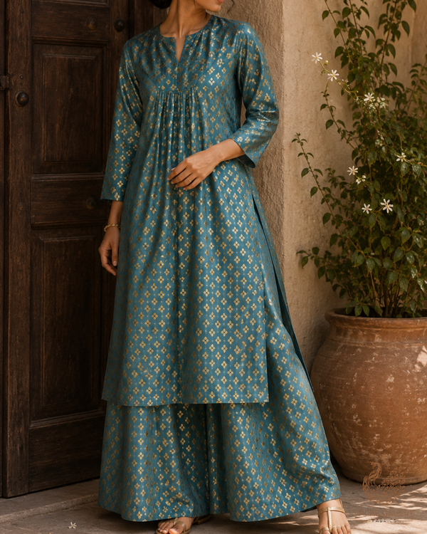 Sea Green Banarasi Brocade Fabric With All Over Golden Zari Handloom 23280