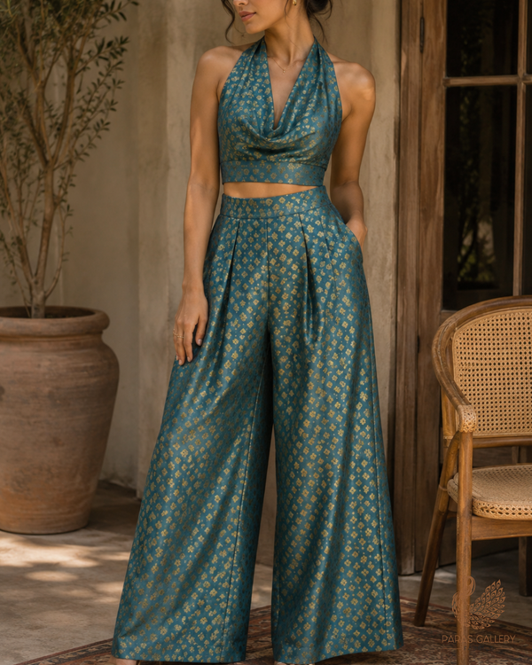 Sea Green Banarasi Brocade Fabric With All Over Golden Zari Handloom 23280