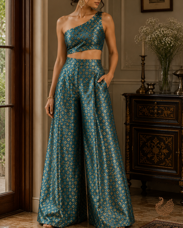 Sea Green Banarasi Brocade Fabric With All Over Golden Zari Handloom 23280