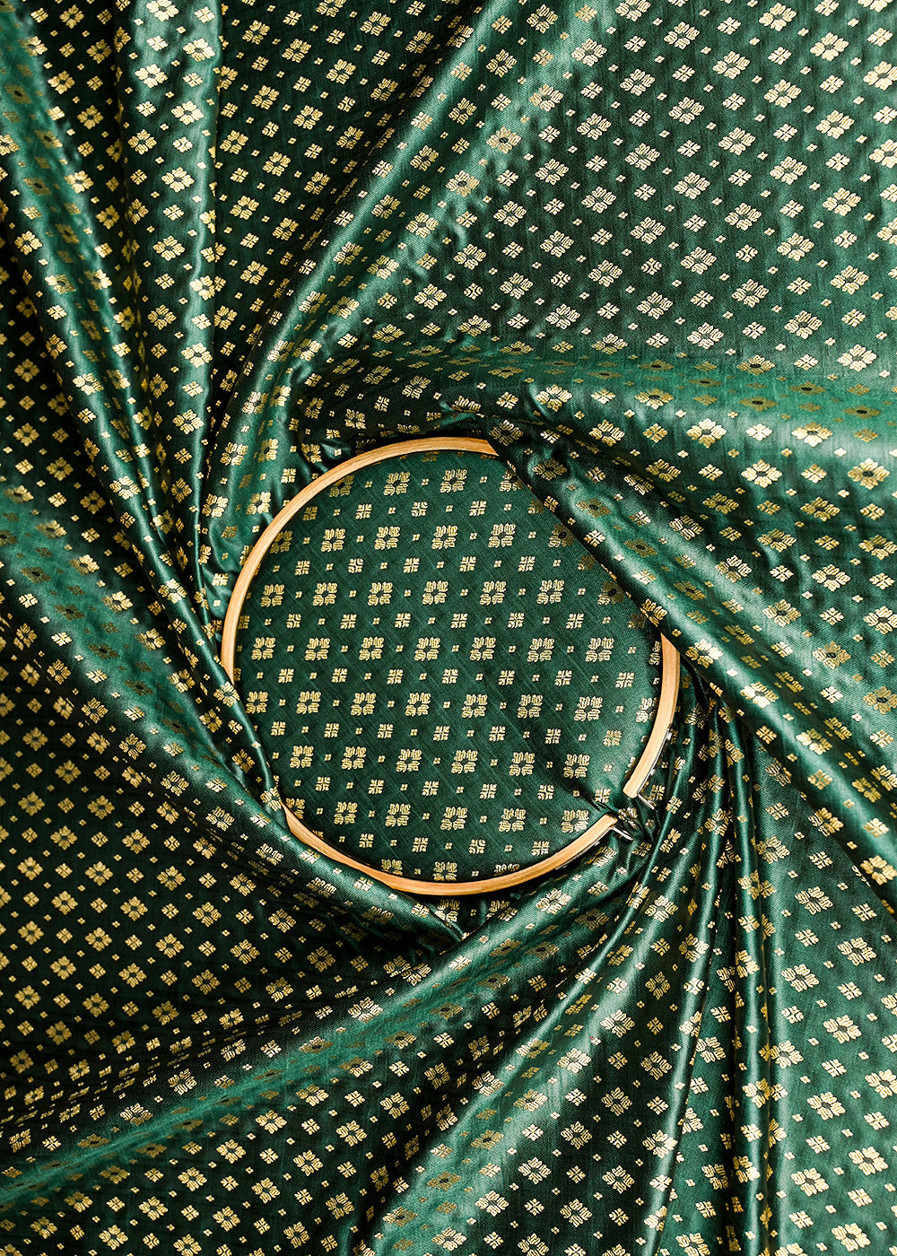 Bottle Green Banarasi Brocade Fabric With All Over Golden Zari Handloom 23281