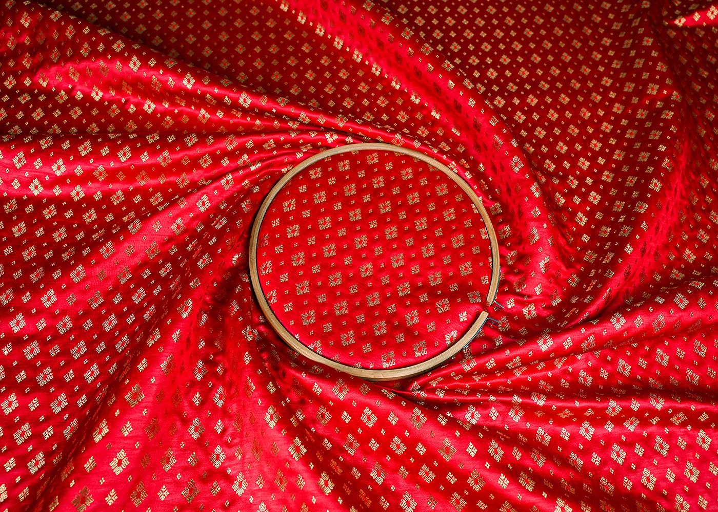 Red Banarasi Brocade Fabric With All Over Golden Zari Handloom 23282