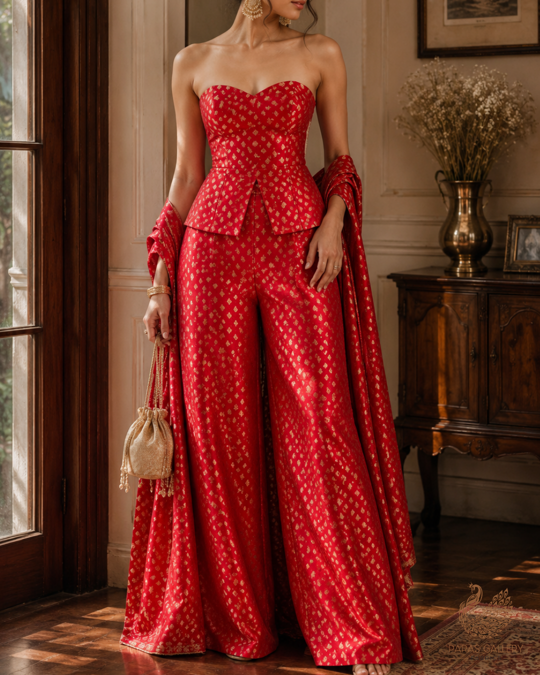 Red Banarasi Brocade Fabric With All Over Golden Zari Handloom 23282