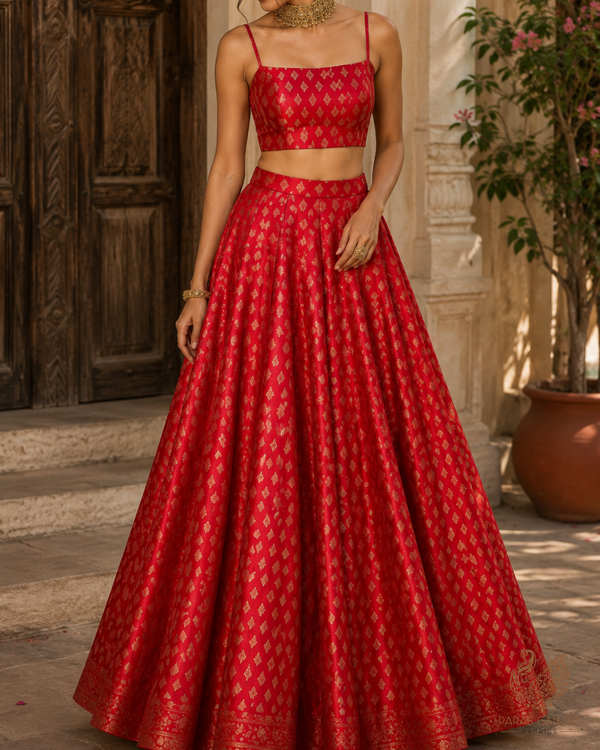 Red Banarasi Brocade Fabric With All Over Golden Zari Handloom 23282