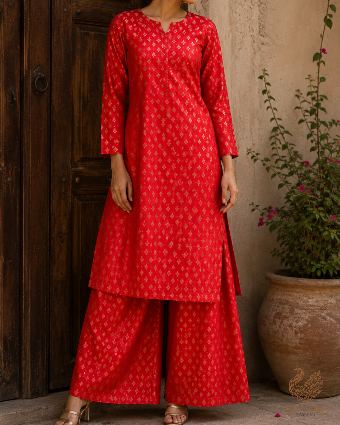 Red Banarasi Brocade Fabric With All Over Golden Zari Handloom 23282