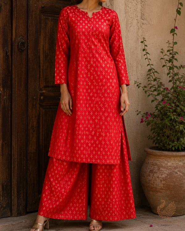Red Banarasi Brocade Fabric With All Over Golden Zari Handloom 23282