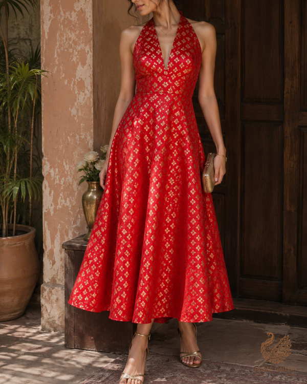 Red Banarasi Brocade Fabric With All Over Golden Zari Handloom 23282