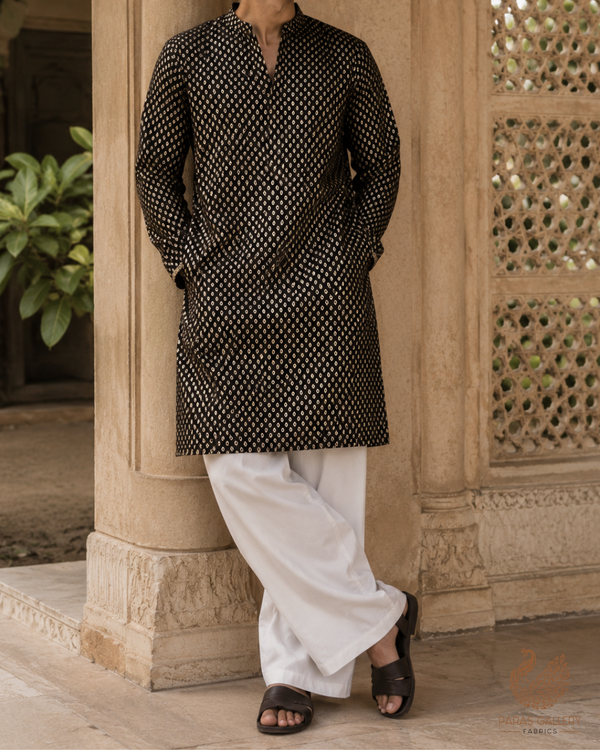 Black Banarasi Brocade Fabric With All Over Golden Zari Handloom 23284
