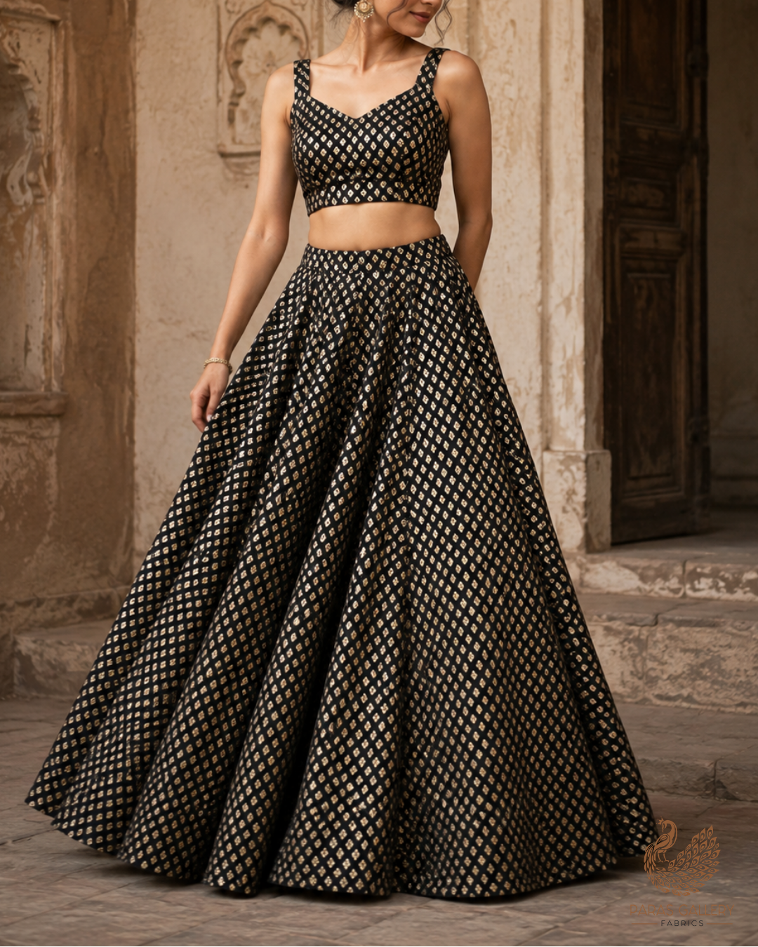 Black Banarasi Brocade Fabric With All Over Golden Zari Handloom 23284