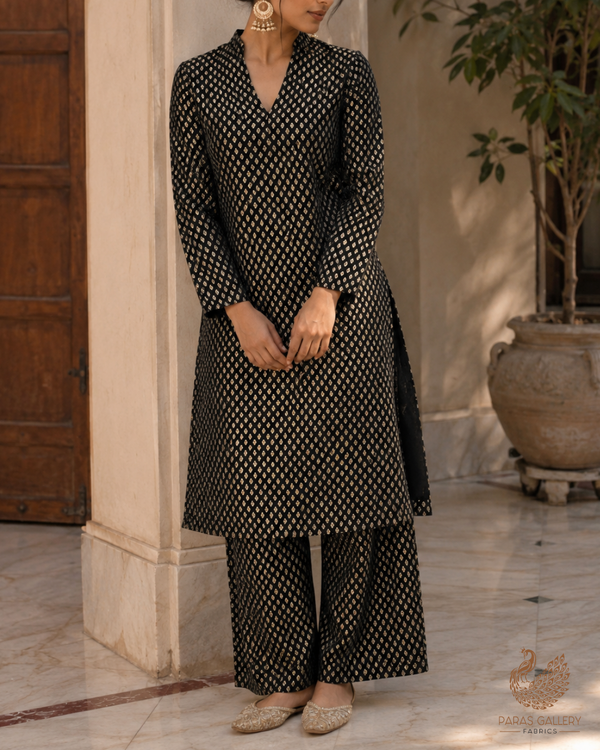 Black Banarasi Brocade Fabric With All Over Golden Zari Handloom 23284