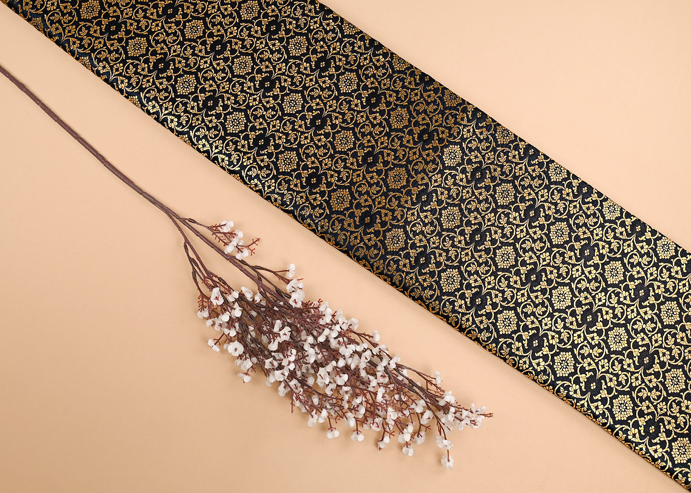Black Banarasi Brocade Fabric With All Over Golden Zari Handloom 23285
