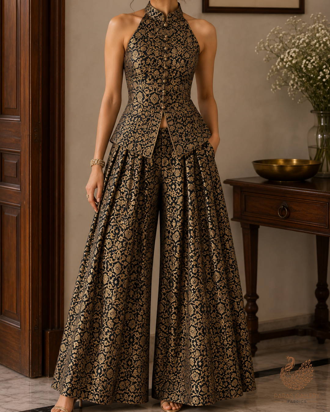 Black Banarasi Brocade Fabric With All Over Golden Zari Handloom 23285