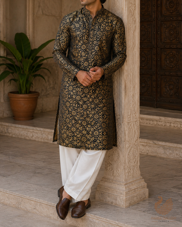 Black Banarasi Brocade Fabric With All Over Golden Zari Handloom 23285