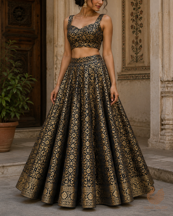 Black Banarasi Brocade Fabric With All Over Golden Zari Handloom 23285