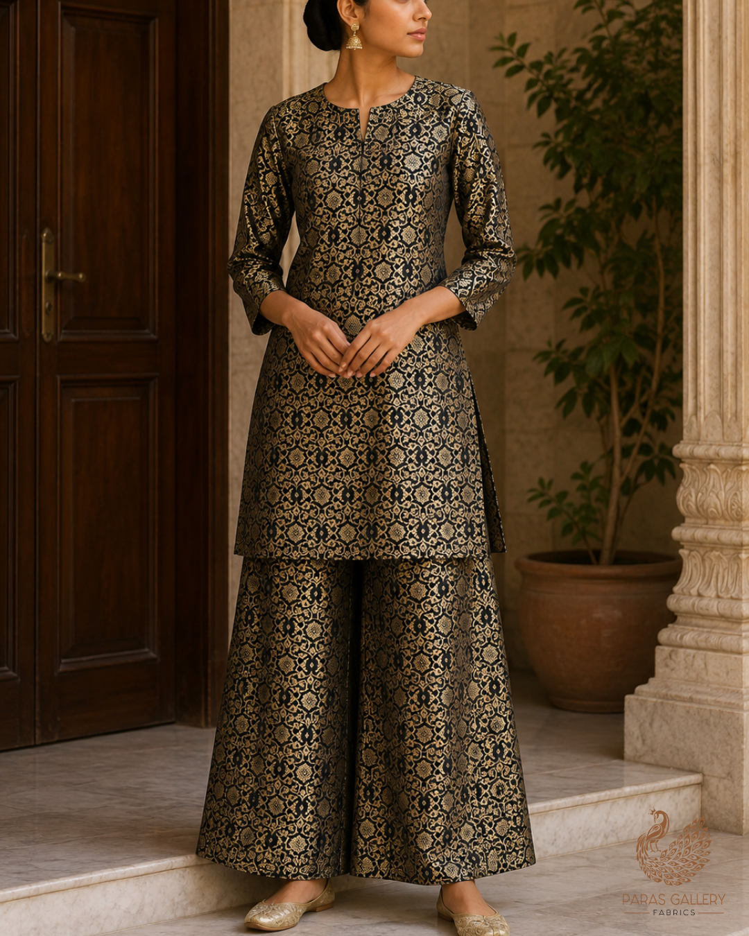 Black Banarasi Brocade Fabric With All Over Golden Zari Handloom 23285