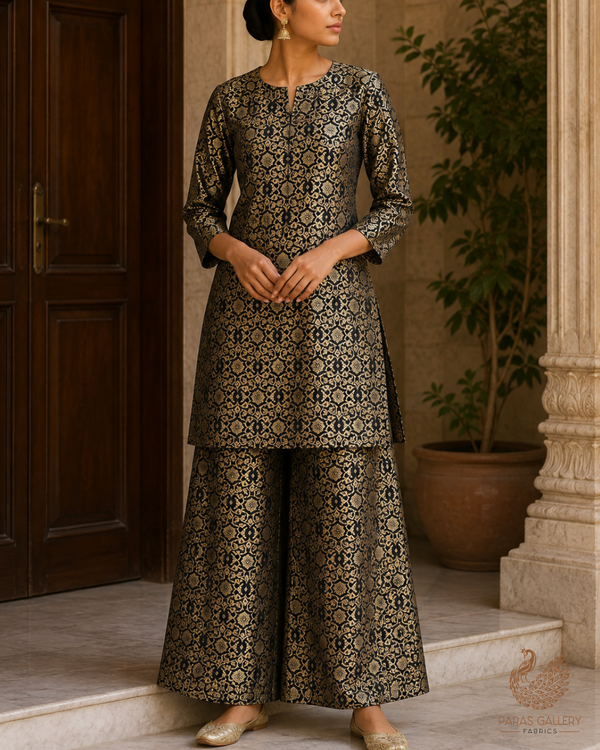 Black Banarasi Brocade Fabric With All Over Golden Zari Handloom 23285