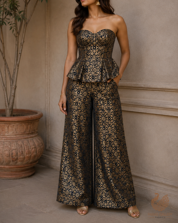 Black Banarasi Brocade Fabric With All Over Golden Zari Handloom 23285