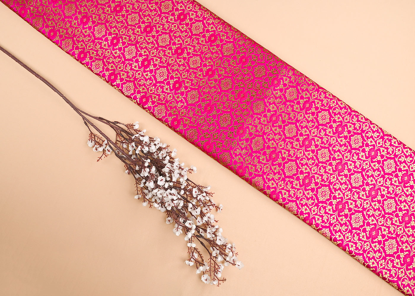 Rani Pink Banarasi Brocade Fabric With All Over Golden Zari Handloom 23287