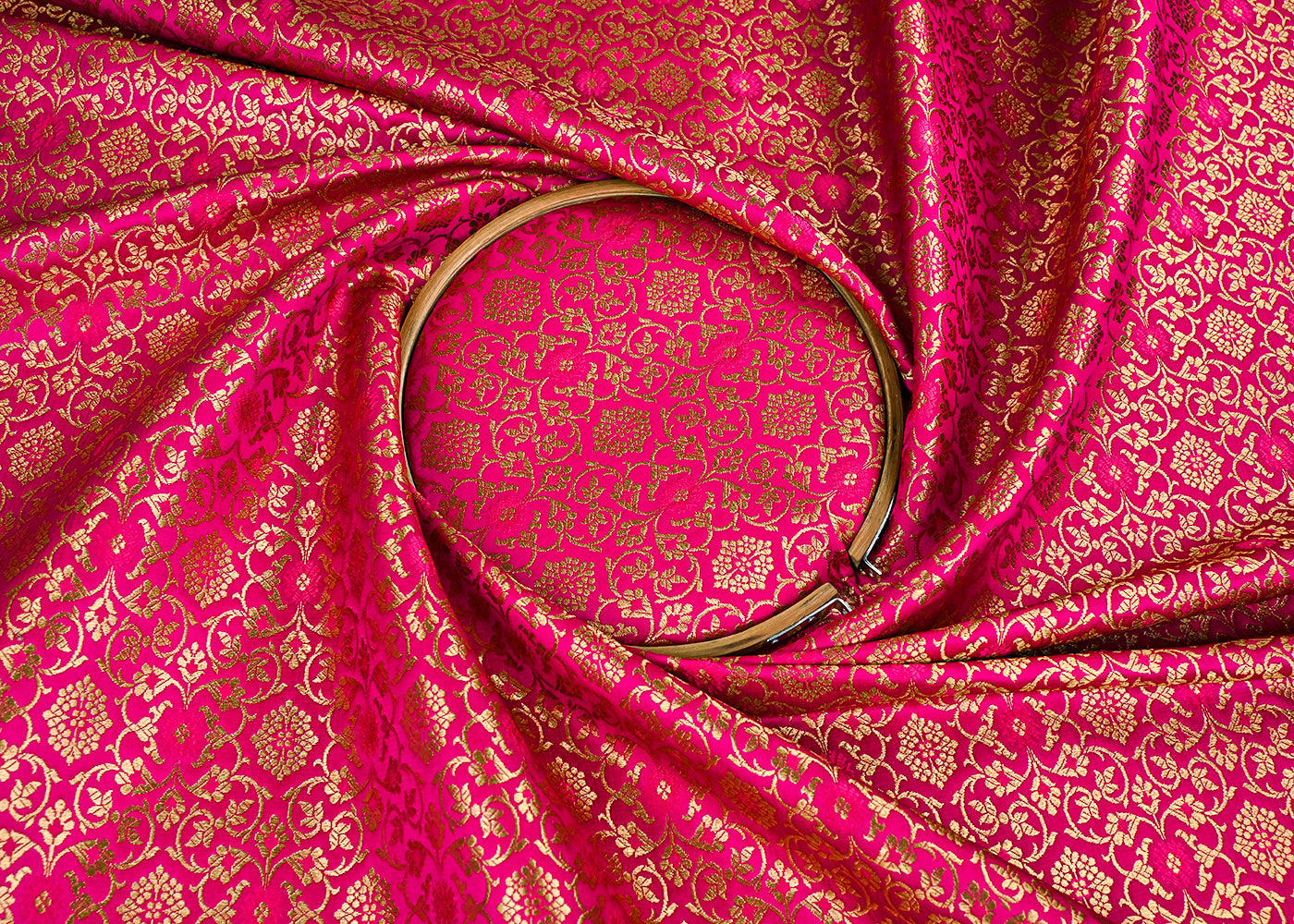 Rani Pink Banarasi Brocade Fabric With All Over Golden Zari Handloom 23287