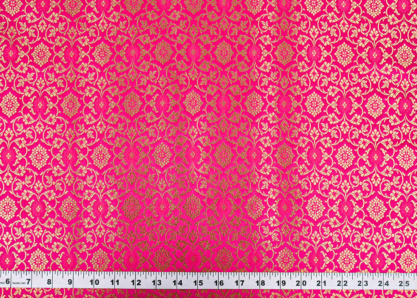 Rani Pink Banarasi Brocade Fabric With All Over Golden Zari Handloom 23287
