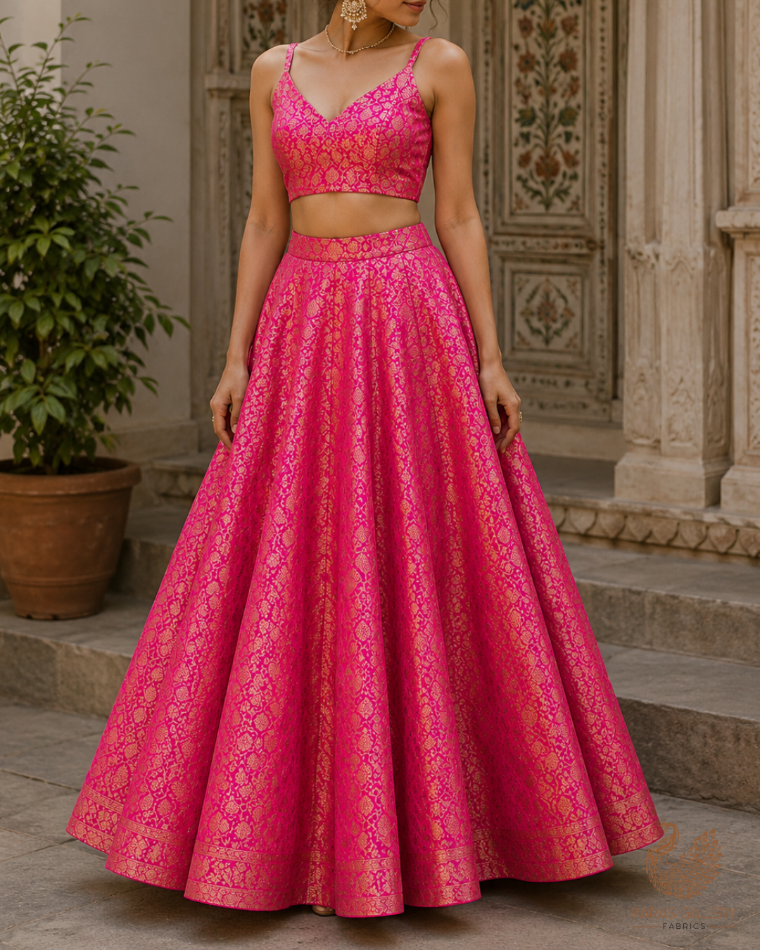 Rani Pink Banarasi Brocade Fabric With All Over Golden Zari Handloom 23287