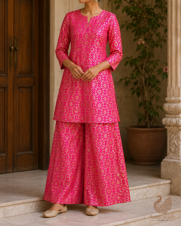 Rani Pink Banarasi Brocade Fabric With All Over Golden Zari Handloom 23287
