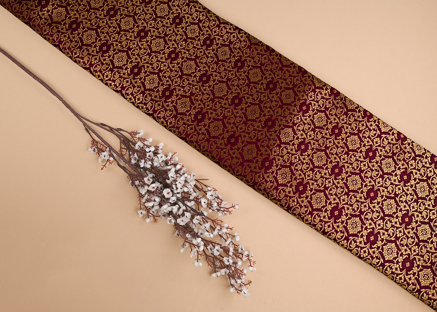 Maroon Banarasi Brocade Fabric With All Over Golden Zari Handloom 23288