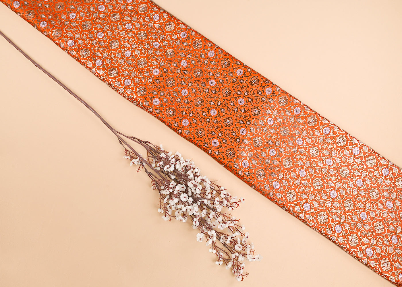 Orange Banarasi Brocade Fabric With All Over Golden Zari Handloom 23289