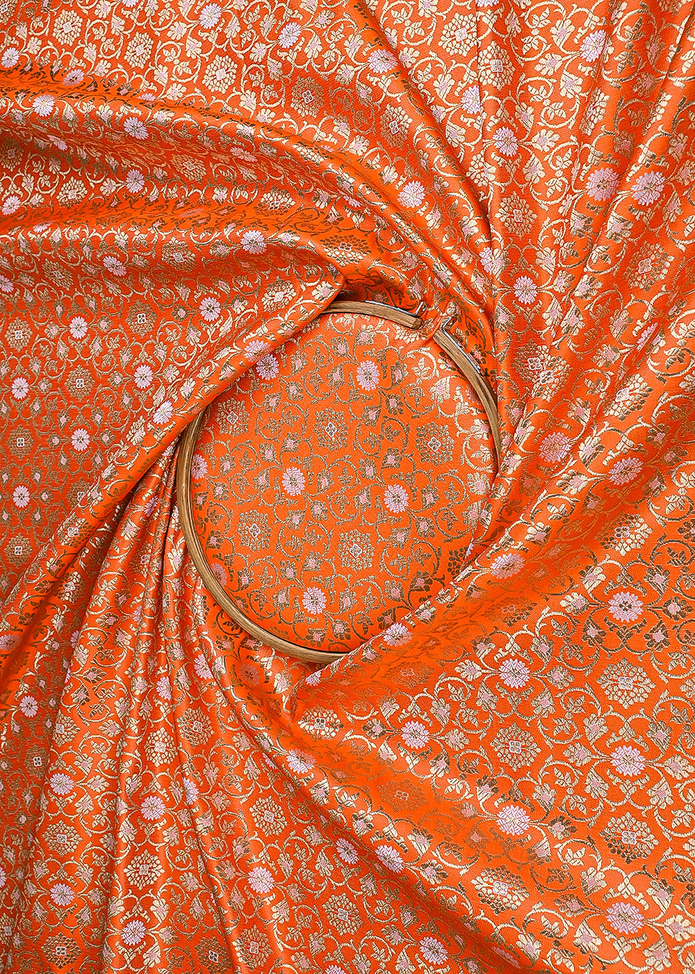 Orange Banarasi Brocade Fabric With All Over Golden Zari Handloom 23289