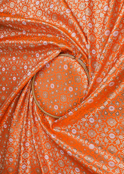 Orange Banarasi Brocade Fabric With All Over Golden Zari Handloom 23289
