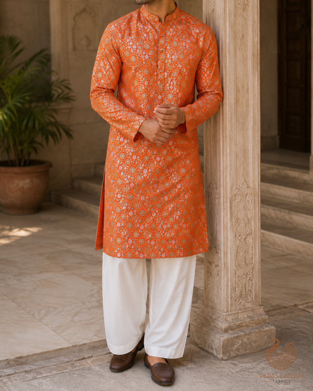 Orange Banarasi Brocade Fabric With All Over Golden Zari Handloom 23289