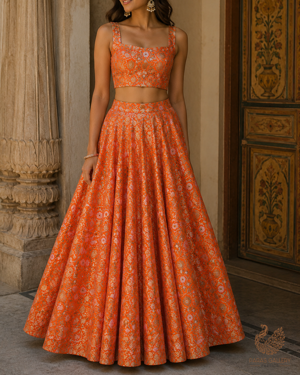 Orange Banarasi Brocade Fabric With All Over Golden Zari Handloom 23289
