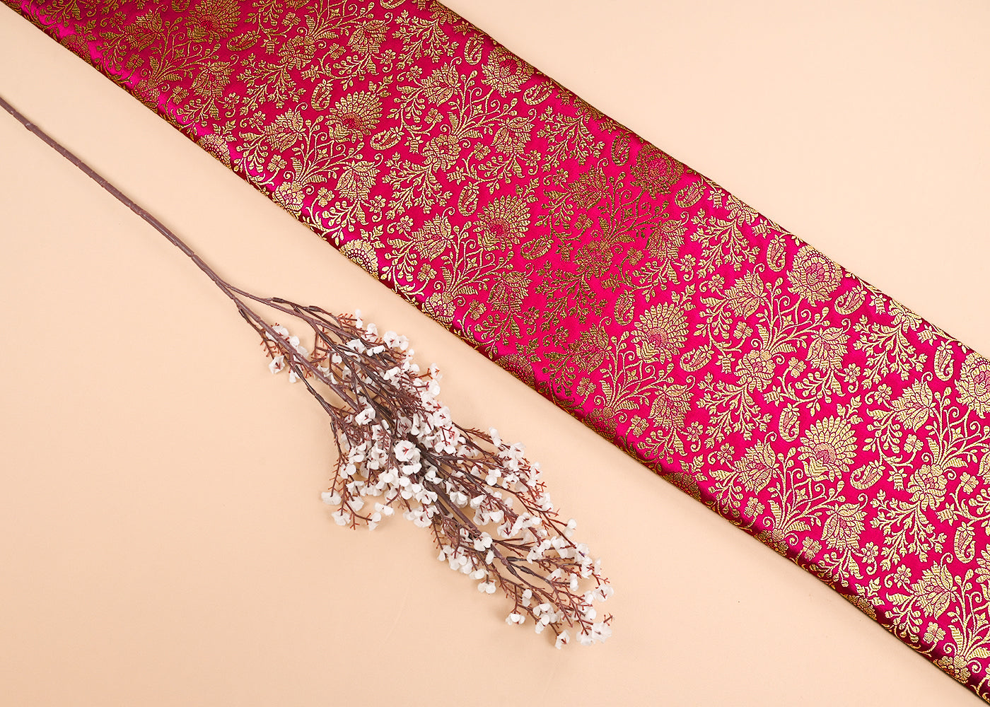 Rani Pink Banarasi Brocade Fabric With All Over Golden Zari Handloom 23290