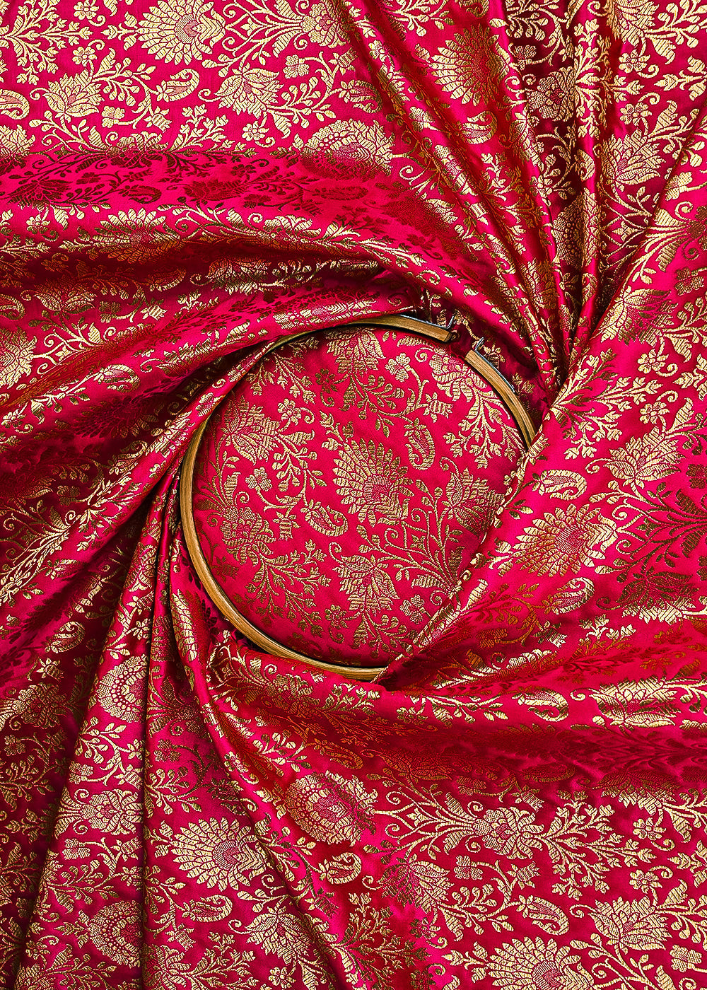 Rani Pink Banarasi Brocade Fabric With All Over Golden Zari Handloom 23290